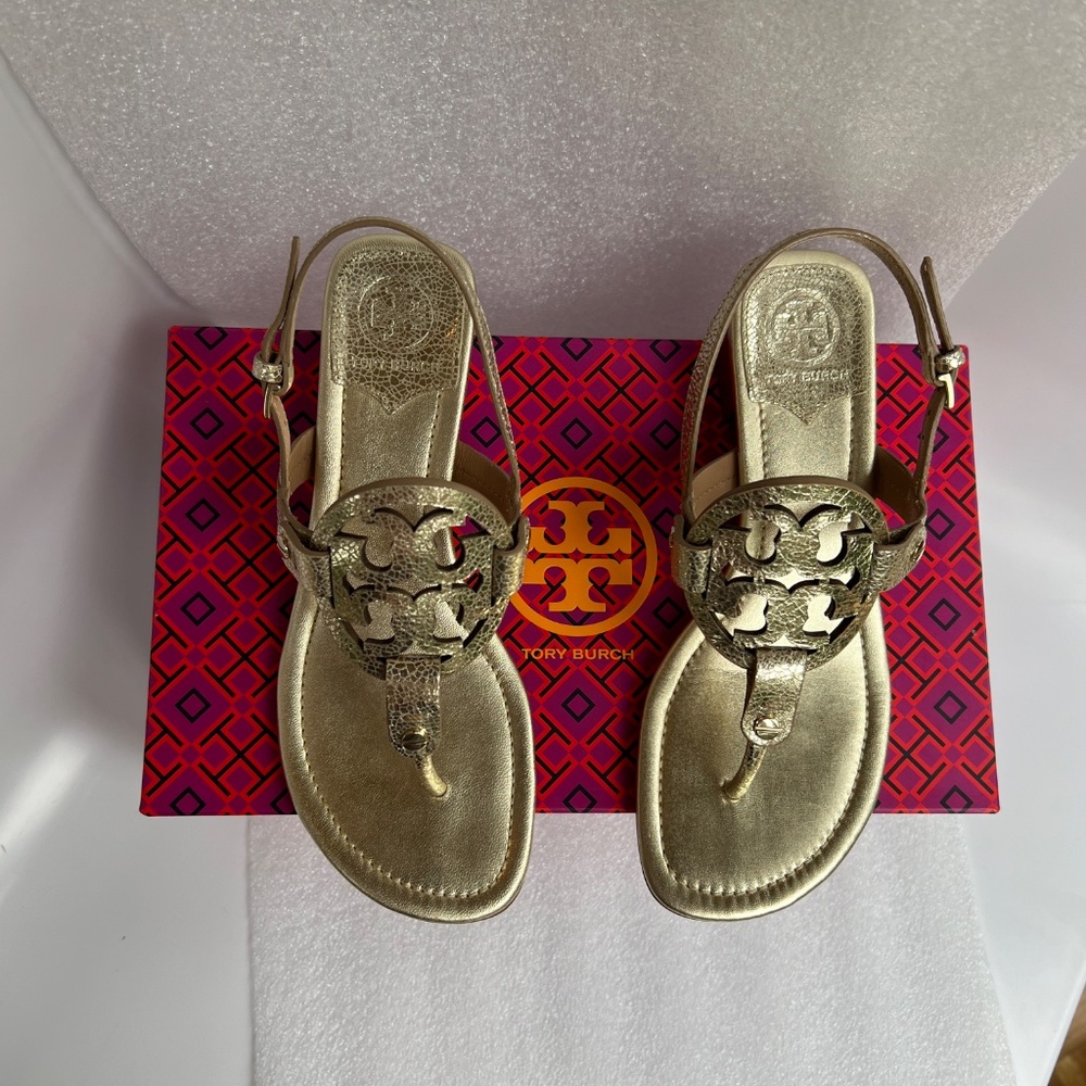 Tory Burch Miller 30MM Slingback Heel Sandal Leather Spark Gold Size 6 - Picture 2 of 16